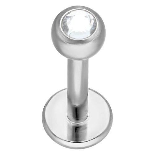 Hopeinen titaaninen labret kirkkaalla kristallilla valkoisella taustalla
