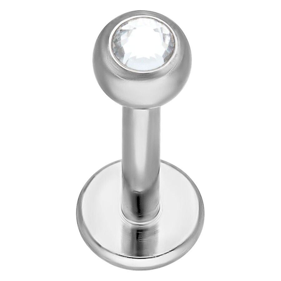 Hopeinen titaaninen labret kristallilla Hopeinen titaaninen labret kirkkaalla kristallilla valkoisella taustalla