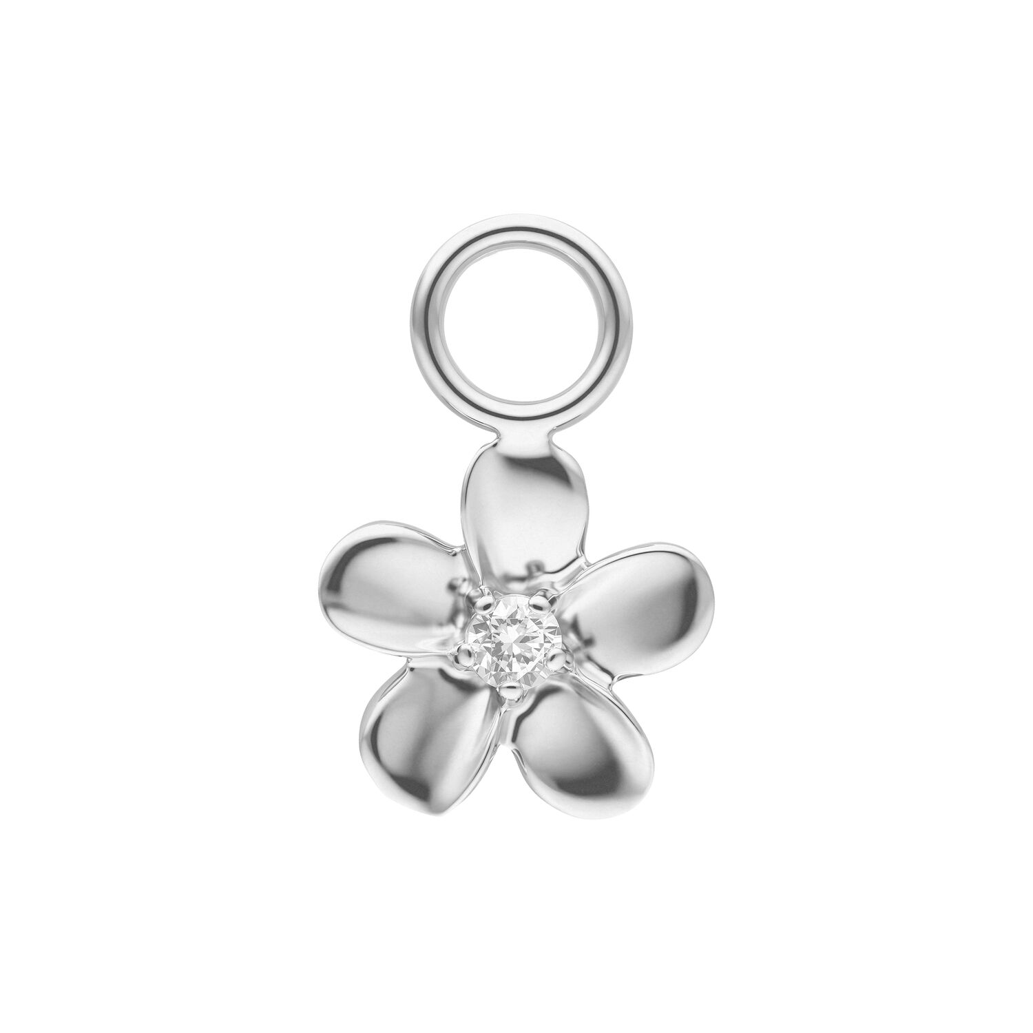 Hopeinen kukka-piercing-riipus Hopeinen kukkariipus, jossa on viisi terälehteä ja rengas ylhäällä valkoisella taustalla