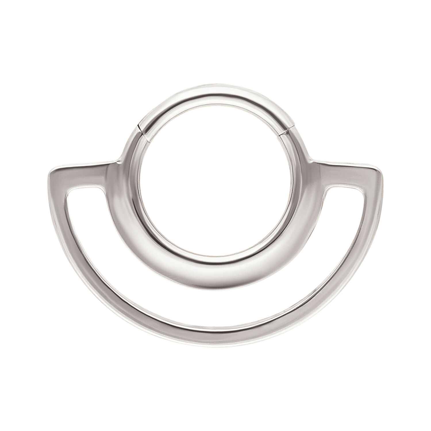 Hopeinen Dual Ring Clicker Hopeinen metallirengas, jossa kaksi pyöreää elementtiä valkoisella taustalla