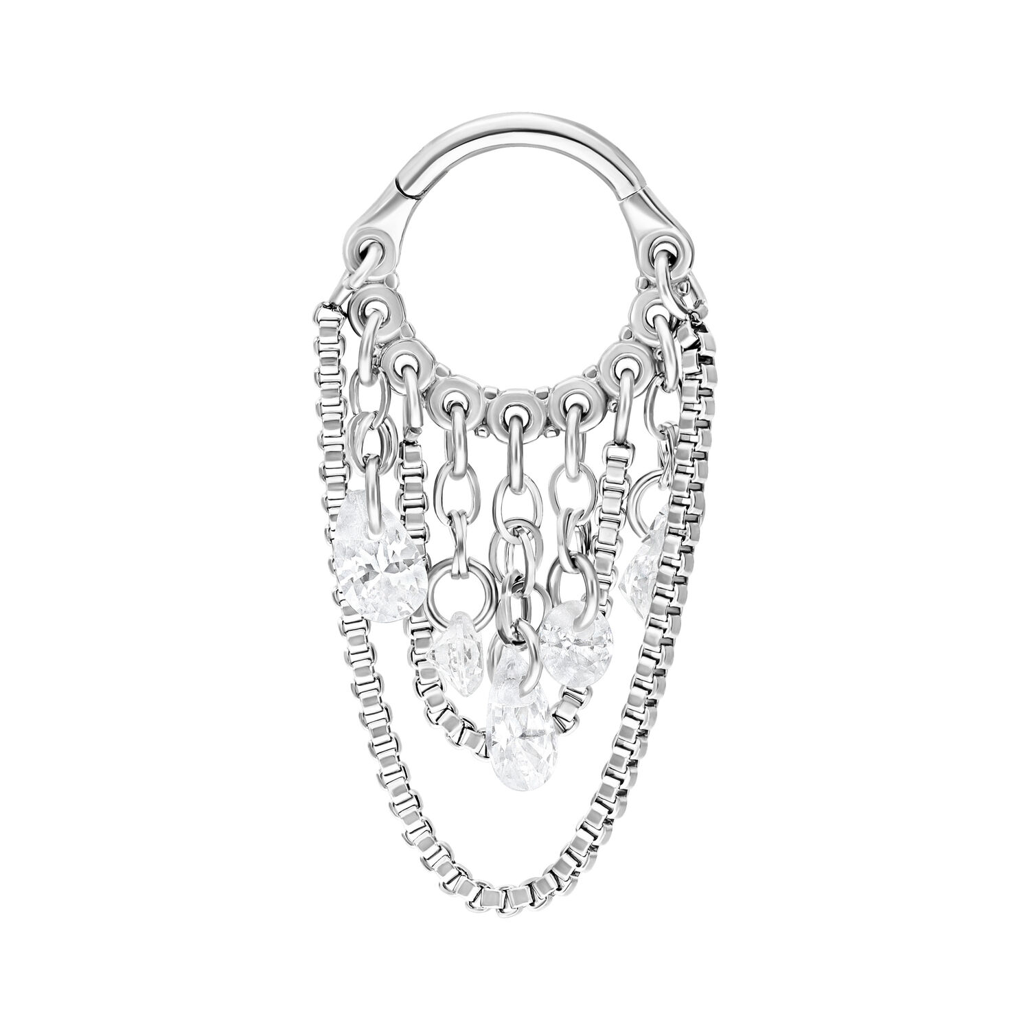 Hopeinen Crystal Snakechain Clicker kirkkailla kristalleilla Hopeinen Clicker-lävistys kirkkailla kristalleilla, ketjumainen muotoilu valkoisella taustalla