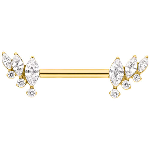 Kultainen barbell kristallisiivillä, pituus 12 mm, valkoisella taustalla