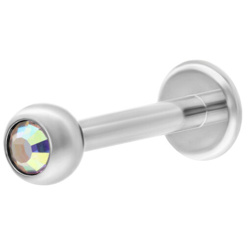 Hopeinen labret Aurora Boreale Kristallilla, 6 mm pituus, 4 mm pallokoko