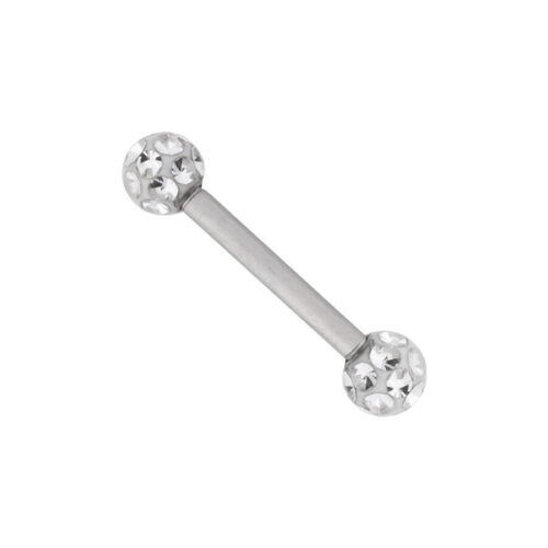 Hopeinen titaaninen barbell kirkkailla kristallipalloilla valkoisella taustalla