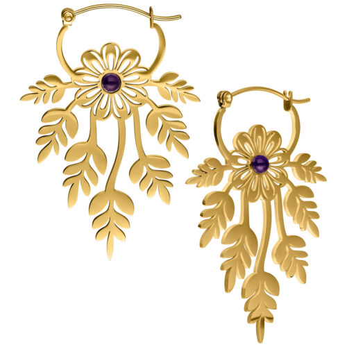 Floral Amethyst Hoops Pair - Kultainen metalli